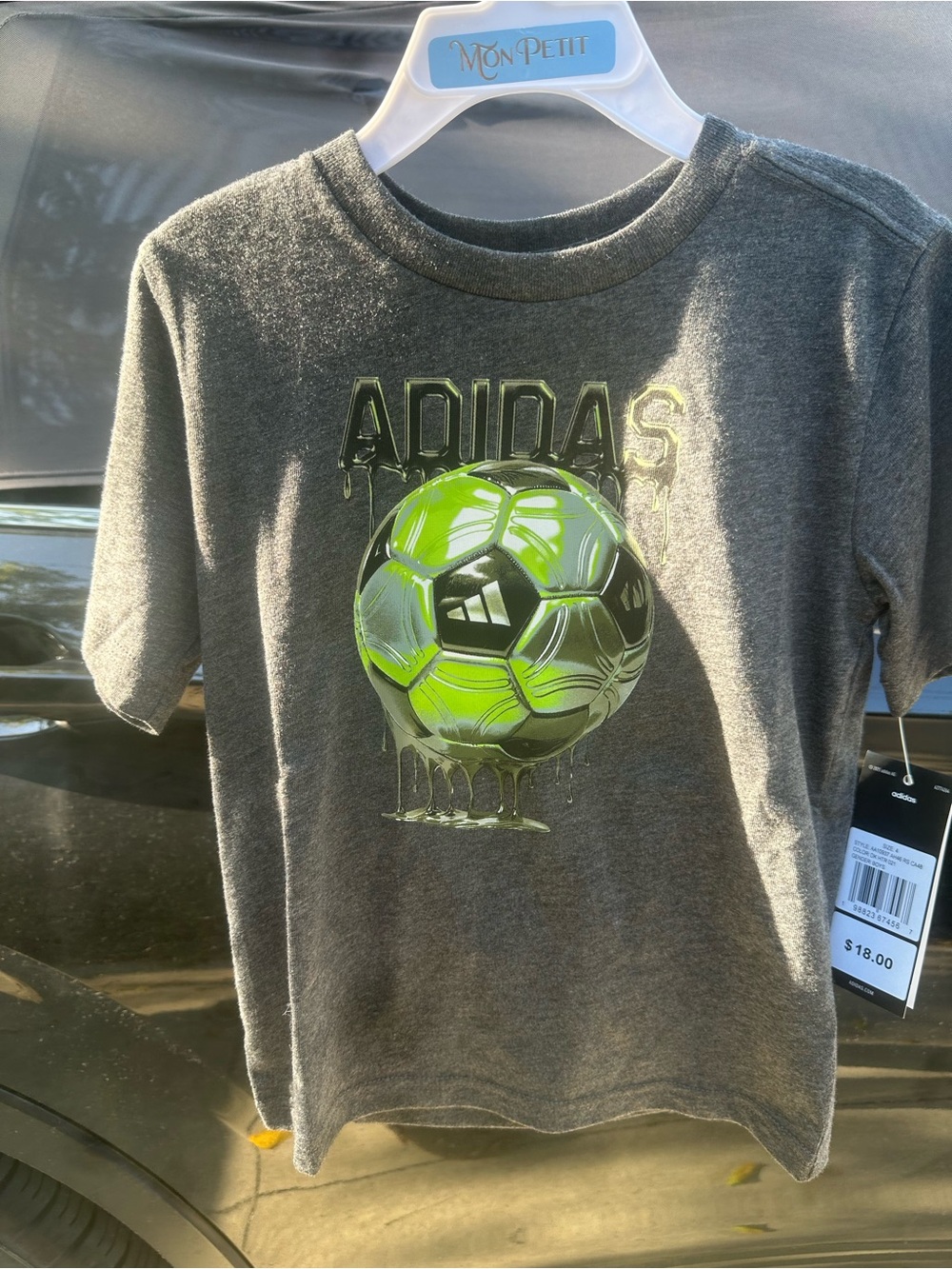 adidas Gray Tee with Neon Green Soccer Ball Graphic